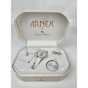 NEW Vintage Arnex Ladies Rhinestone & Silvertone Quartz Watch Earrings Necklace